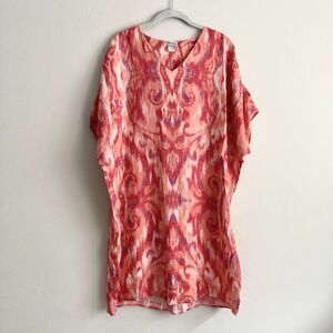 Chicos 100% Linen Pink Tunic Wedge Dress Size 2 Vacation Resort Kaftan
